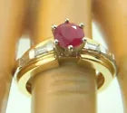 Round Red Ruby 1.00 ct Baguette Diamond 14k Two-Tone Gold Ring Sz 6.5, 1.34ctw