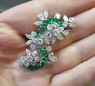 Vintage Platinum 5.00ct Diamond & 2.00ct Green Emeralds Hand Made Pin Brooch