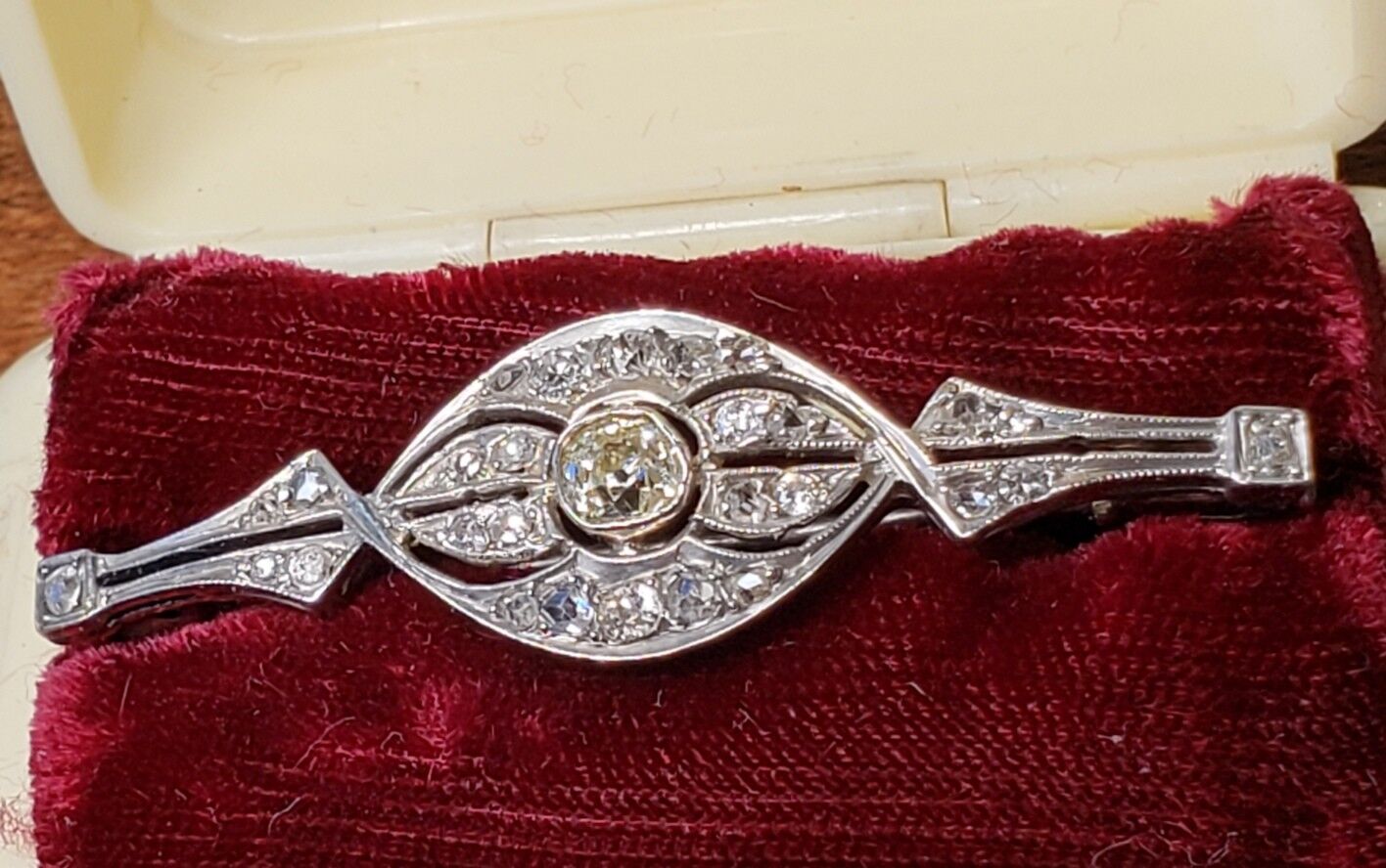 Antique Art Deco 14K white Gold 3/4 CTW Old Mine Diamond Pin Brooch