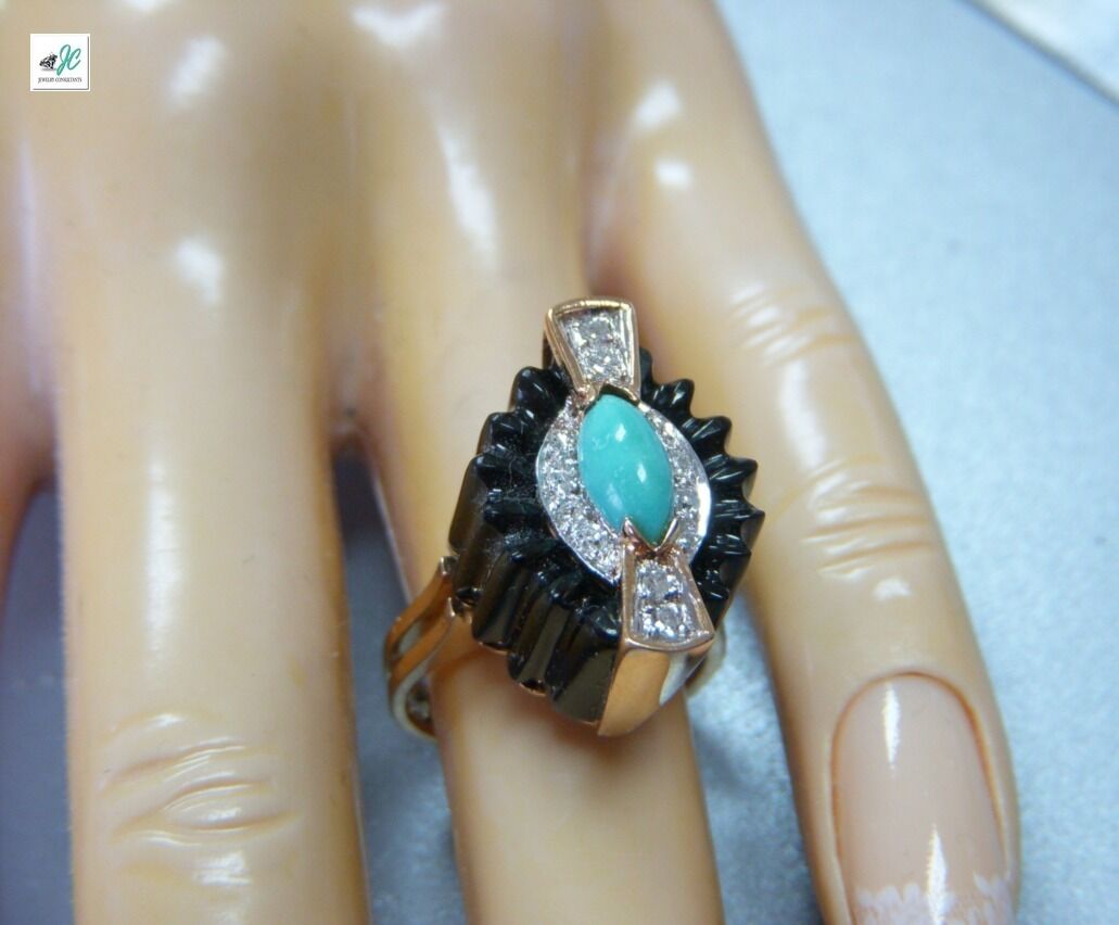 VINTAGE *CANDY WRAP* TURQUOISE-ONYX-DIAMOND RETRO RING 14K YELLOW GOLD SZ4.5