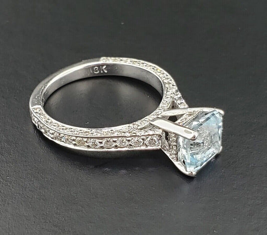 18k White Gold Princess Cut Aquamarine Diamond Ring Cocktail Engagement Natural