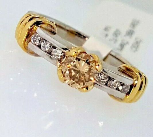 Natural Fancy Champagne Brown Diamond Engagement ring 14K white & yellow 3/4 CTW