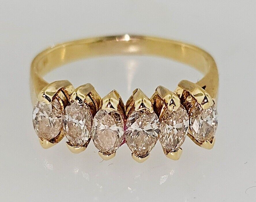 Vintage 14k Yellow Gold 1.25 ctw 6 Marquise Natural Diamond Ring Band Size 9