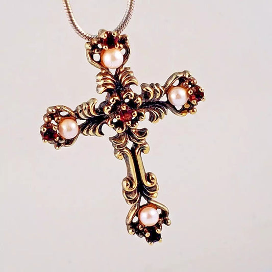 Vtg Sterling Silver Gold Vermeil Pearl & Garnet Cross Pendant Necklace FM 18 "