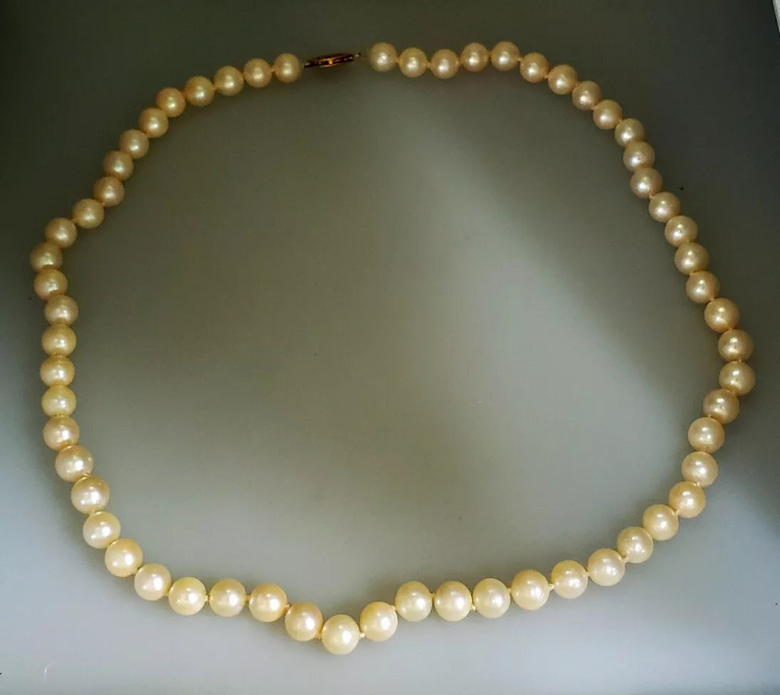 VINTAGE CULTURED 7 mm PEARL NECKLACE W/ 14K SOLID YELLOW GOLD CLASP