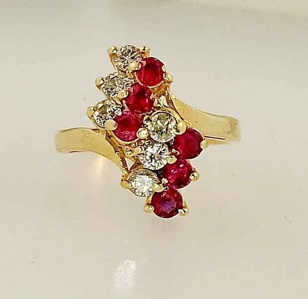 VINTAGE 14K YELLOW GOLD RUBY AND DIAMONDS CLUSTER WATERFALL COCKTAIL RING