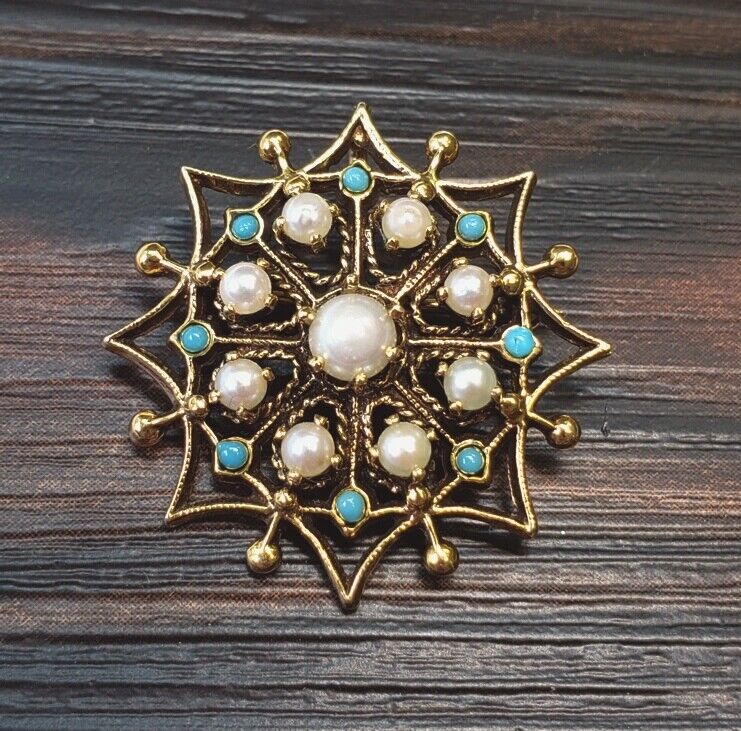 Vintage 14k Yellow Gold Round Turquoise & Pearl Open Work Brooch Pin Pendant