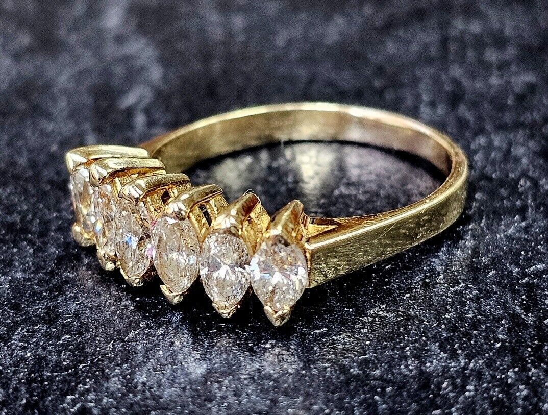 Vintage 14k Yellow Gold 1.25 ctw 6 Marquise Natural Diamond Ring Band Size 9