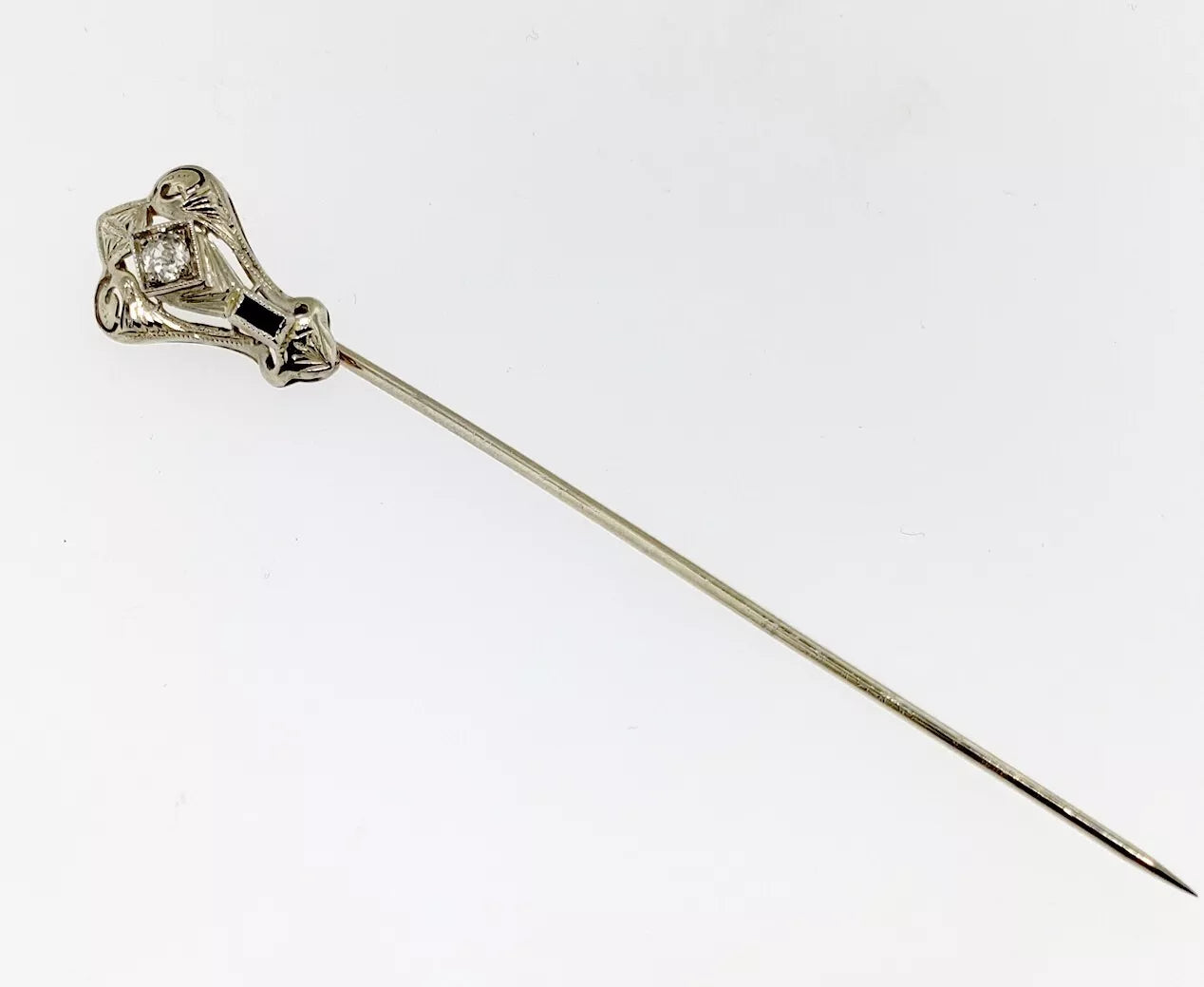 Antique Art Deco Diamond & Sapphire 18K White Gold Filigree Mill grain Stick Pin