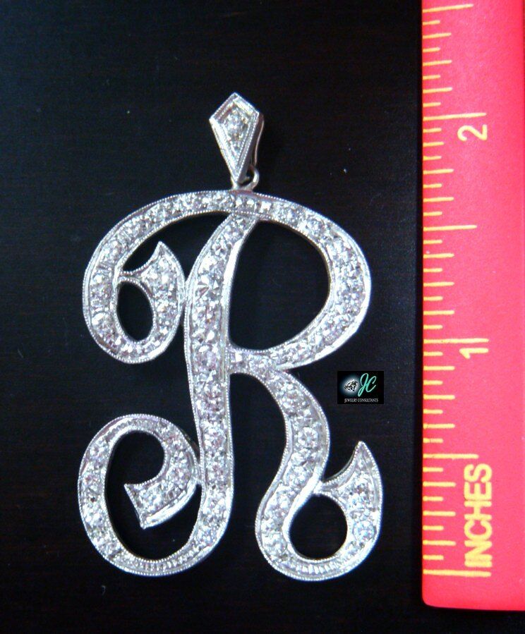 HUGE ESTATE VS-VVS G/H PLATINUM+DIAMOND ID Necklace Initial "R" 2.50 ctw 14.1 G