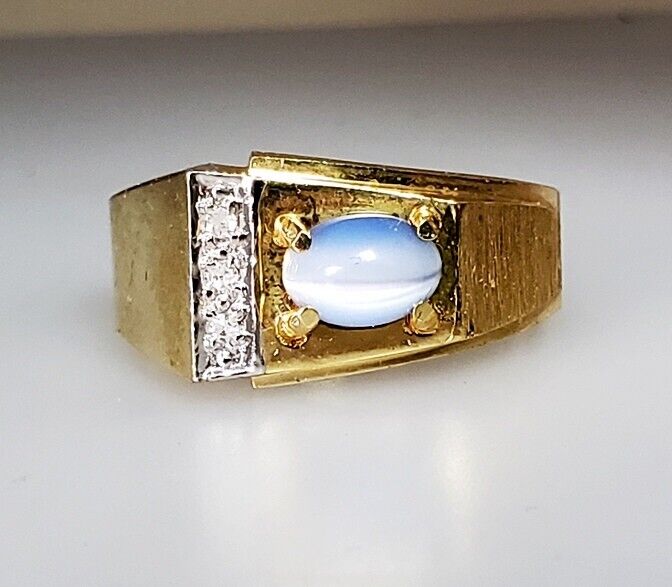 Vintage Cats Eye & Diamond 14k Yellow Gold Men's Ring Size 10