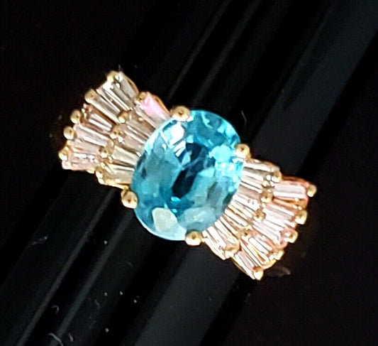 OVAL BLUE ZIRCON and BAGUETTE DIAMONDS RING 2.12 ctw, 14k Yellow Gold, Size 4.75