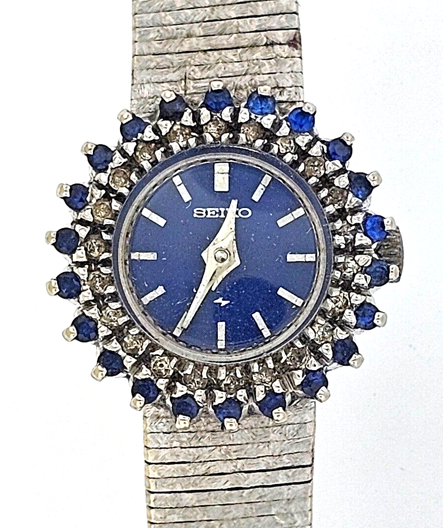 VINTAGE 1970's SEIKO 14K WHITE GOLD DIAMOND AND SAPPHIRE LADY'S WATCH