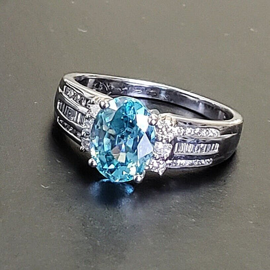 Natural Oval Blue Zircon Round & Baguette Diamond Ring 14k White Gold 3.50Ctw