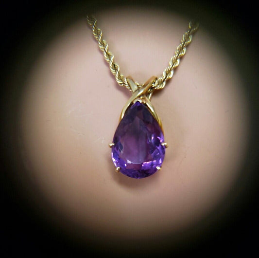 14K Gold Pear Shape 24x16mm 20ct Amethyst Pendant Necklace 20" Rope Chain 25.7g