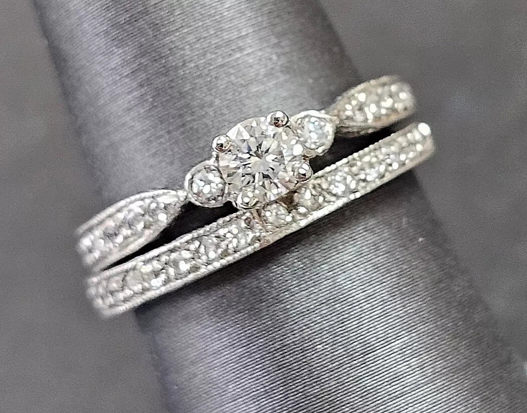 ~.75ctw Engraved Platinum Natural Diamond Bridal Engagement Wedding Set Size 6.5