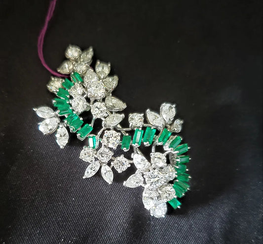 Vintage Platinum 5.00ct Diamond & 2.00ct Green Emeralds Hand Made Pin Brooch