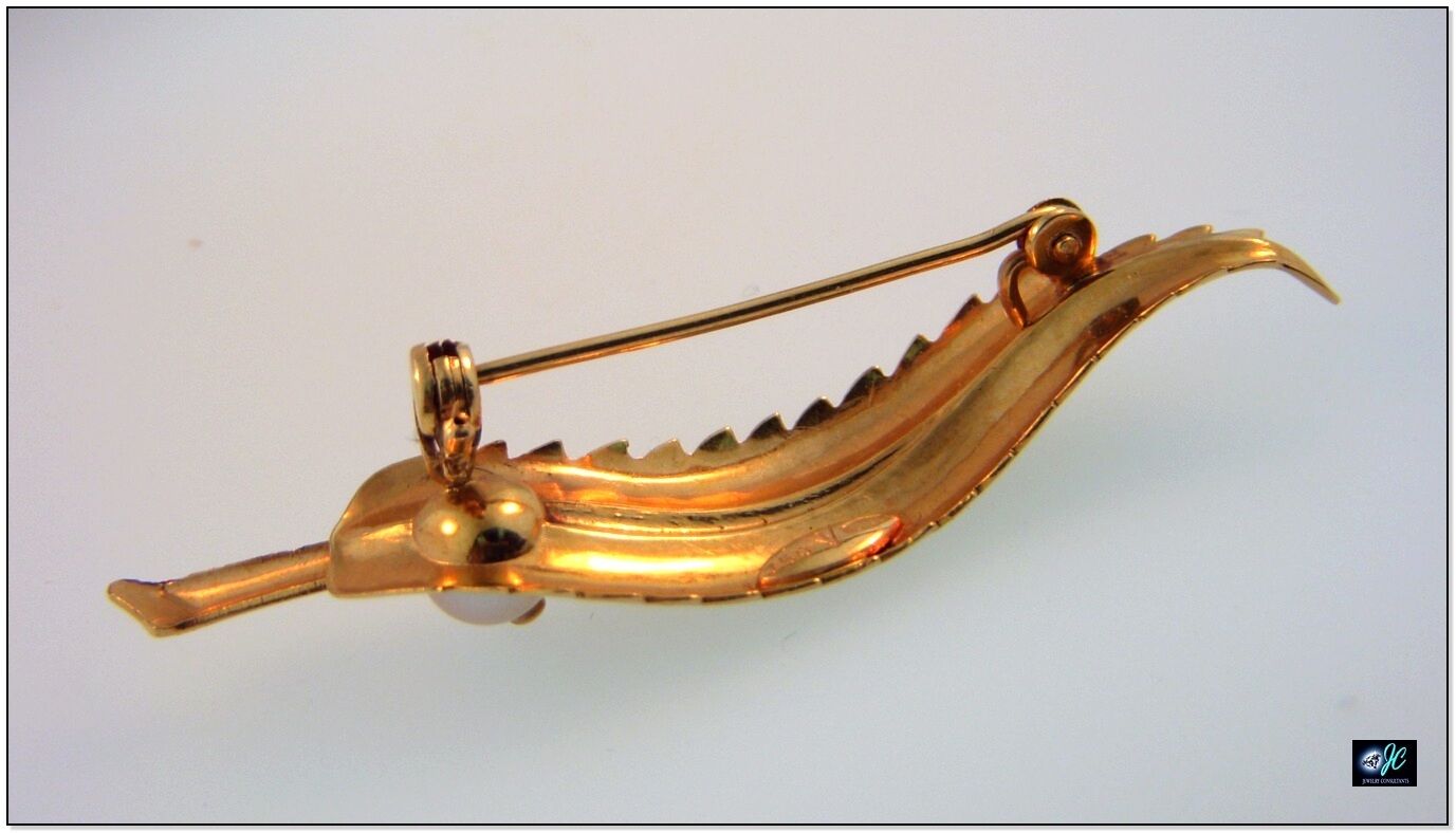 VINTAGE 750 SOLID 18K YELLOW GOLD HAND CARVED LEAF FEATHER PEARL PIN BROOCH