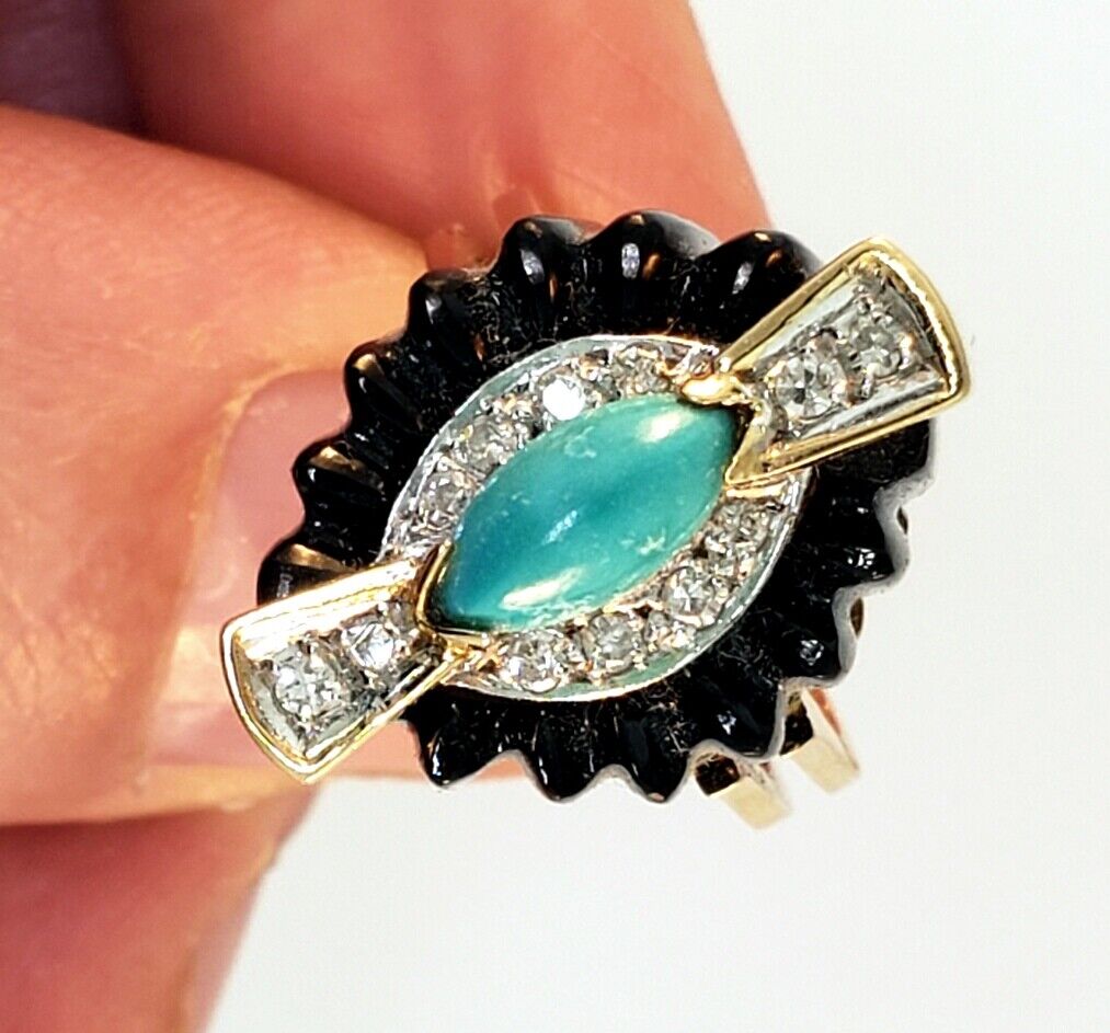 VINTAGE *CANDY WRAP* TURQUOISE-ONYX-DIAMOND RETRO RING 14K YELLOW GOLD SZ4.5