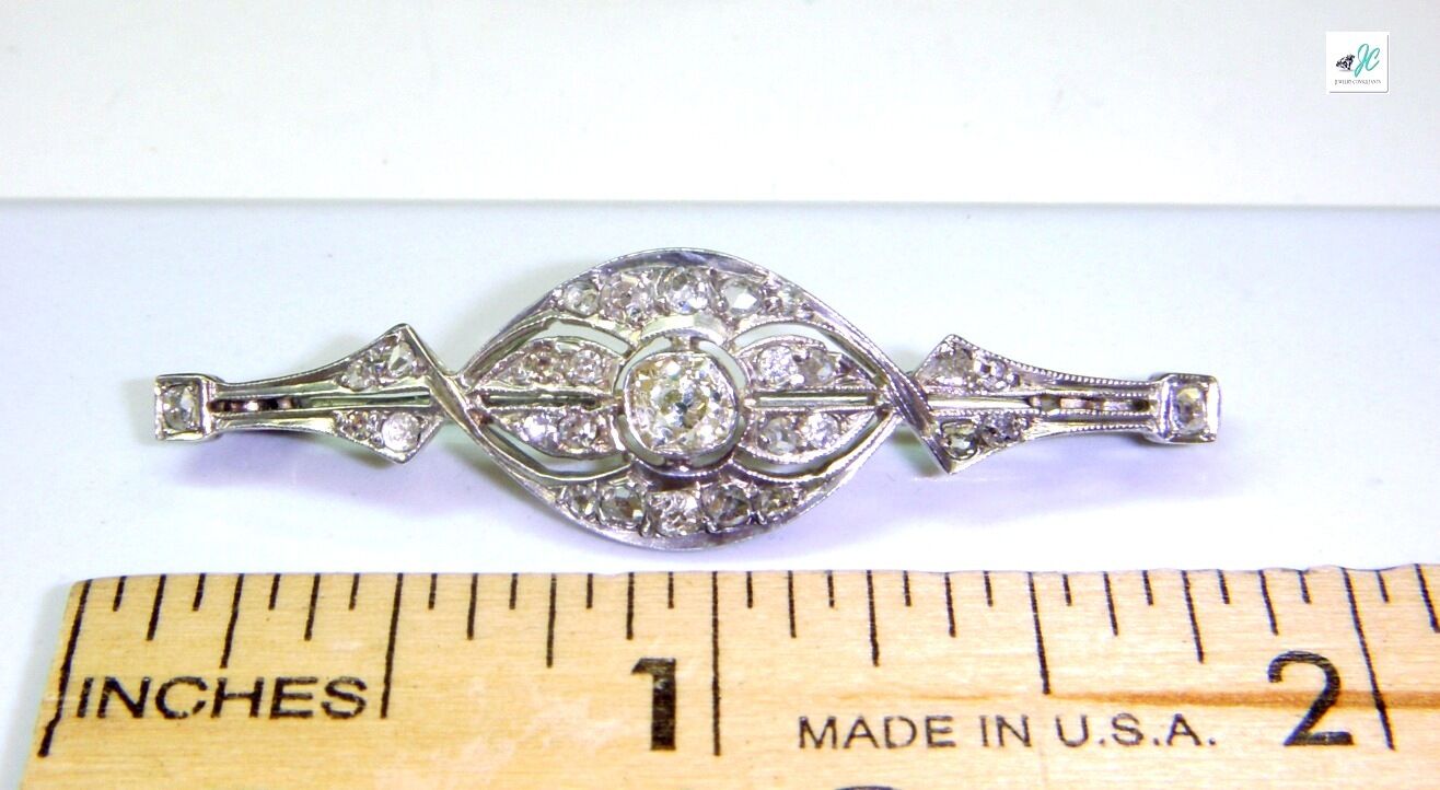 Antique Art Deco 14K white Gold 3/4 CTW Old Mine Diamond Pin Brooch