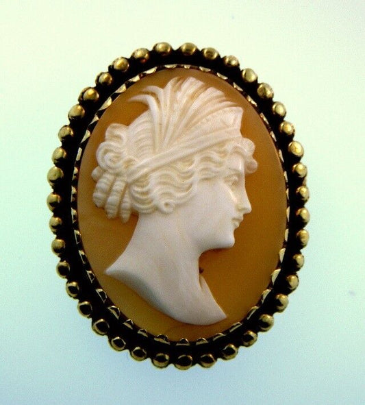 Vintage Hand-Carved Shell Cameo & 14K Gold Brooch Pin Pendant 1.5 Inches Long