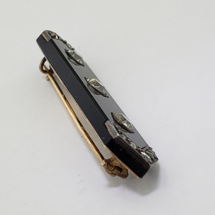 Antique 14K Gold 1.5 CTW Old Mine Diamond Onyx Pin Brooch Art Deco