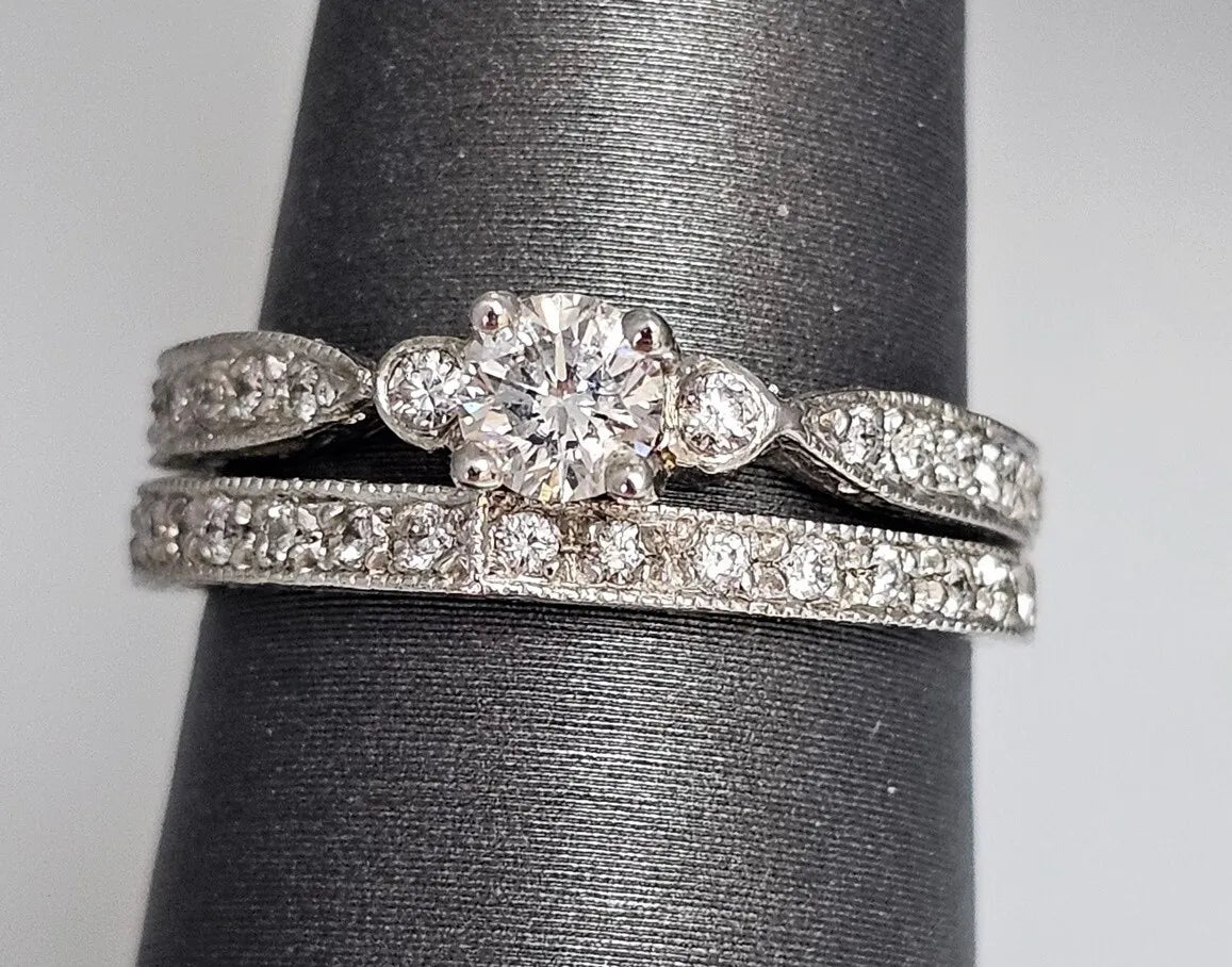 ~.75ctw Engraved Platinum Natural Diamond Bridal Engagement Wedding Set Size 6.5