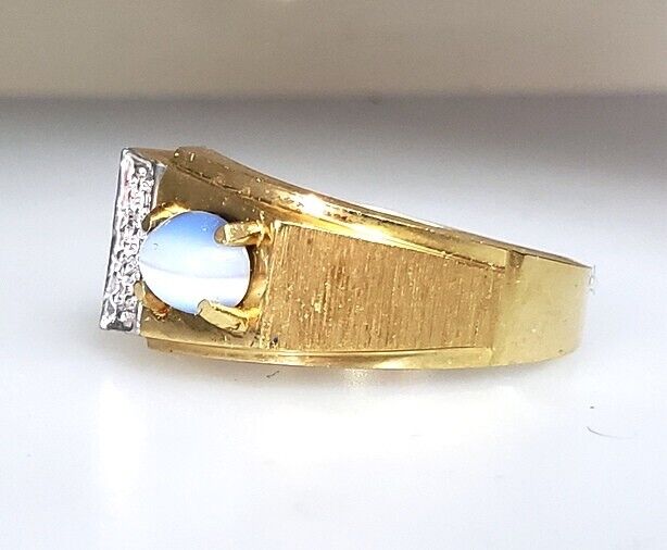 Vintage Cats Eye & Diamond 14k Yellow Gold Men's Ring Size 10