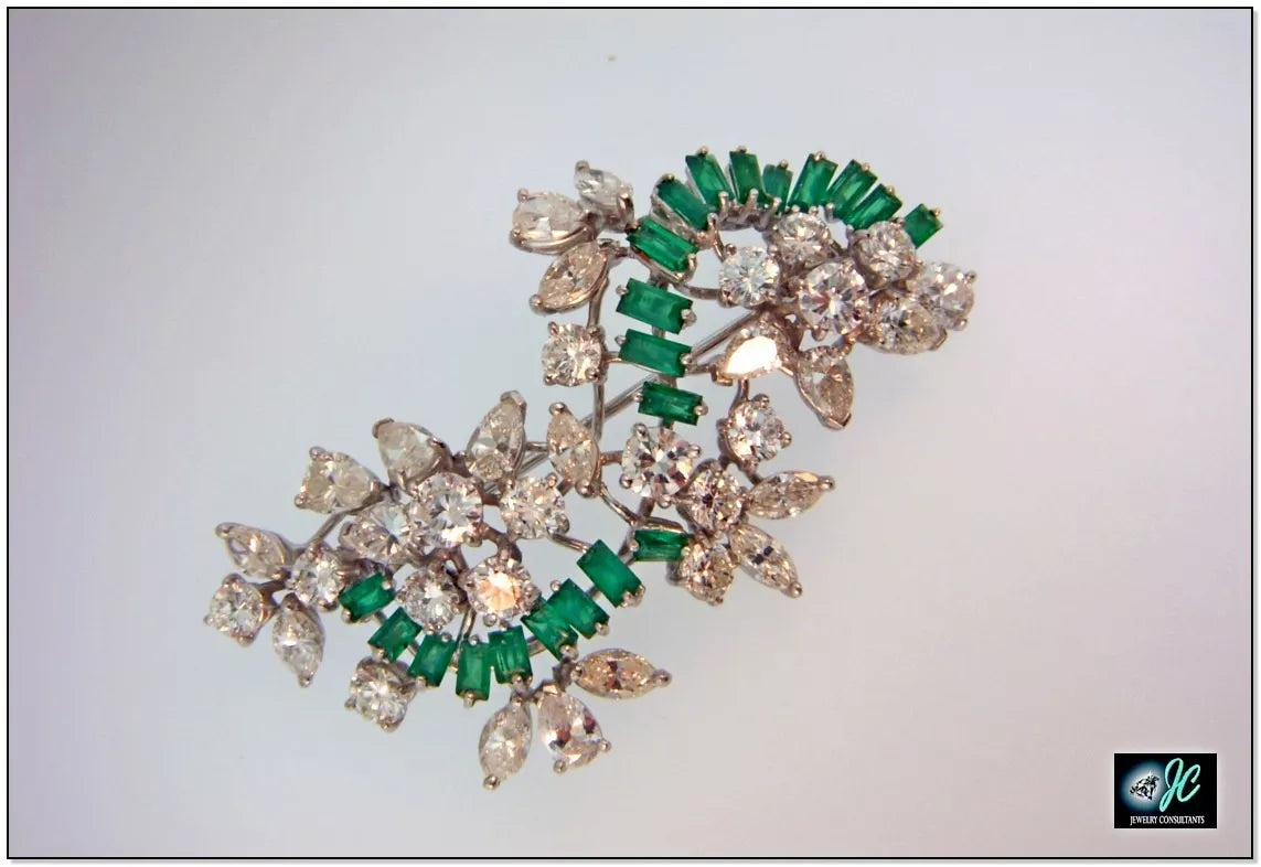 Vintage Platinum 5.00ct Diamond & 2.00ct Green Emeralds Hand Made Pin Brooch