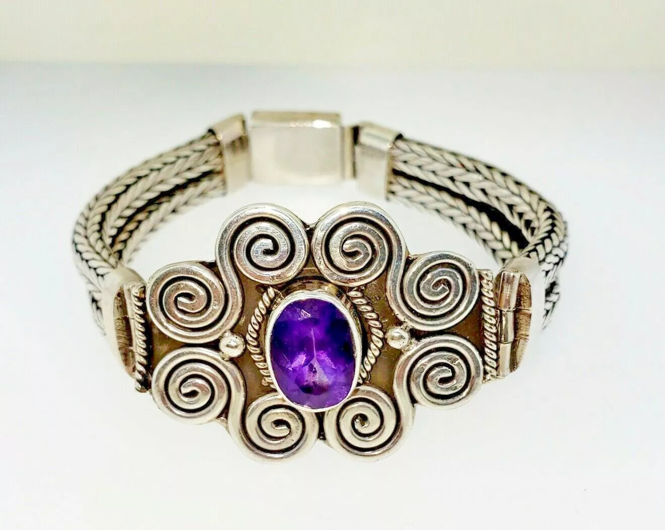 Sterling Silver 67.0 Gram ~4.00 carats Amethyst Quartz Bracelet 8" Hand Made