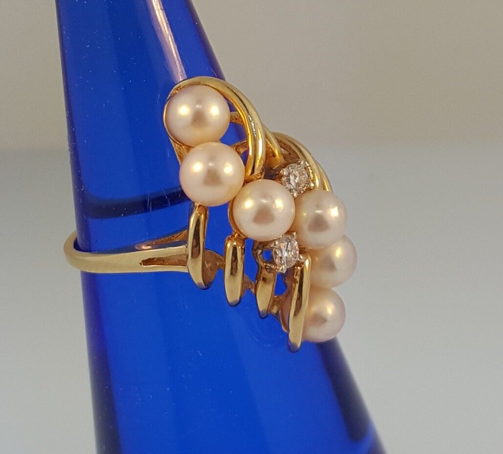 Have one to sell? Sell now 14K Yellow Gold 4.5-5 mm 6 Pearl Cluster and 2 Diamond Ring Size 5.5