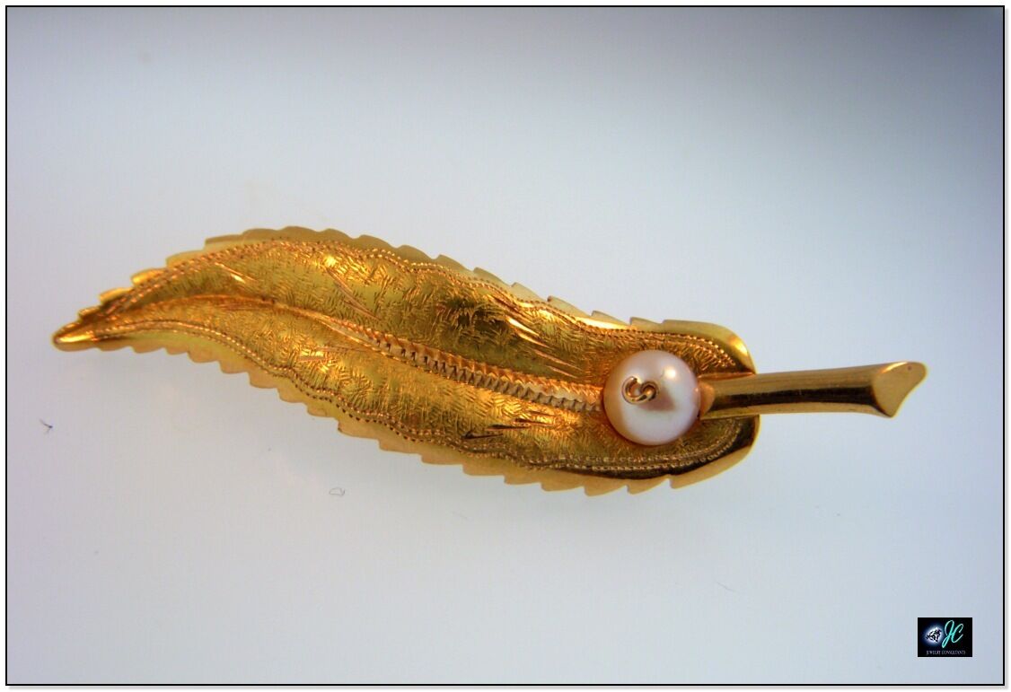 VINTAGE 750 SOLID 18K YELLOW GOLD HAND CARVED LEAF FEATHER PEARL PIN BROOCH