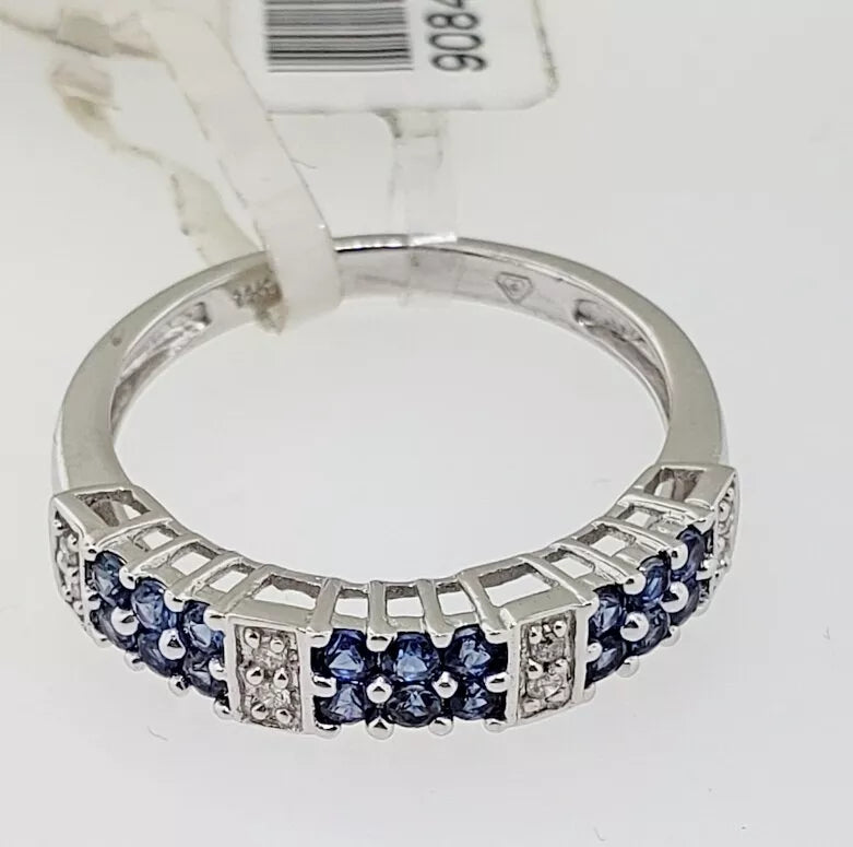 14K W Gold Blue Sapphire Diamond Wedding Anniversary Stack Band Ring 1/2 ctw