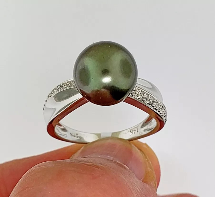 10 mm Tahitian black pearl ring, diamonds, solid 14k white gold Size 7