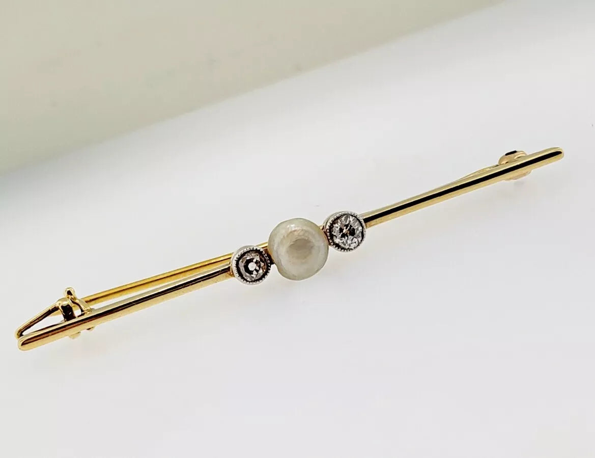 ANTIQUE .25CT OLD MINE DIAMOND & SOUTH SEA PEARL 14K TWO TONE GOLD 3D BROOCH PIN