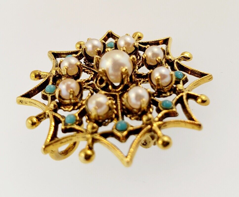 Vintage 14k Yellow Gold Round Turquoise & Pearl Open Work Brooch Pin Pendant