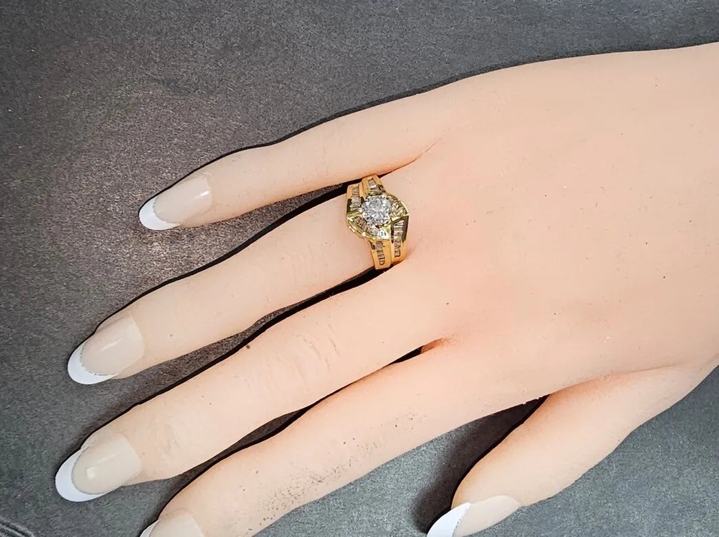 14k Yellow Gold .87ct Round Diamond & 1.00ctw baguette Engagement By-Pass Ring