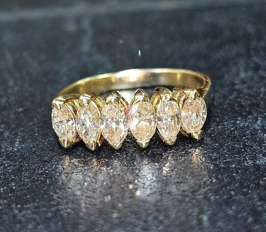 Vintage 14k Yellow Gold 1.25 ctw 6 Marquise Natural Diamond Ring Band Size 9