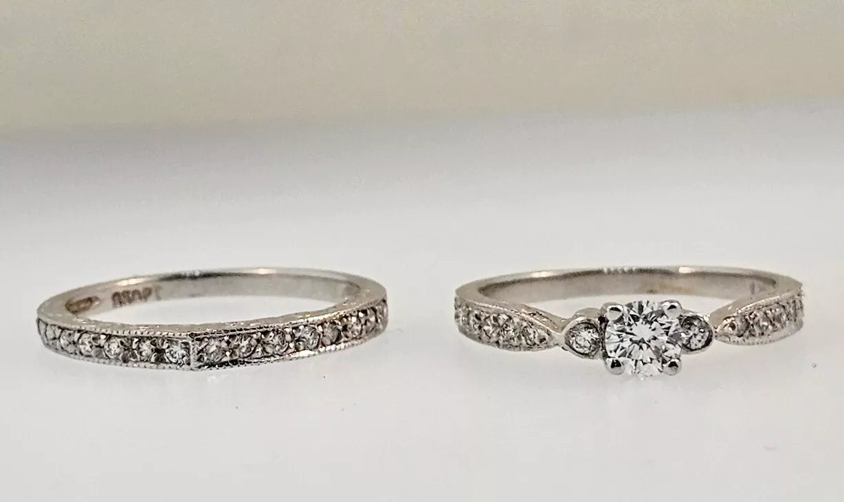 ~.75ctw Engraved Platinum Natural Diamond Bridal Engagement Wedding Set Size 6.5