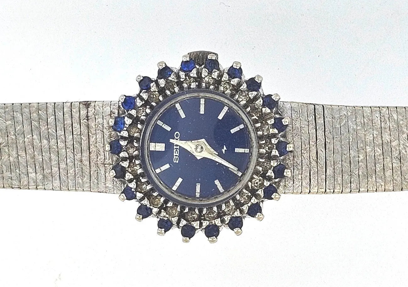 VINTAGE 1970's SEIKO 14K WHITE GOLD DIAMOND AND SAPPHIRE LADY'S WATCH