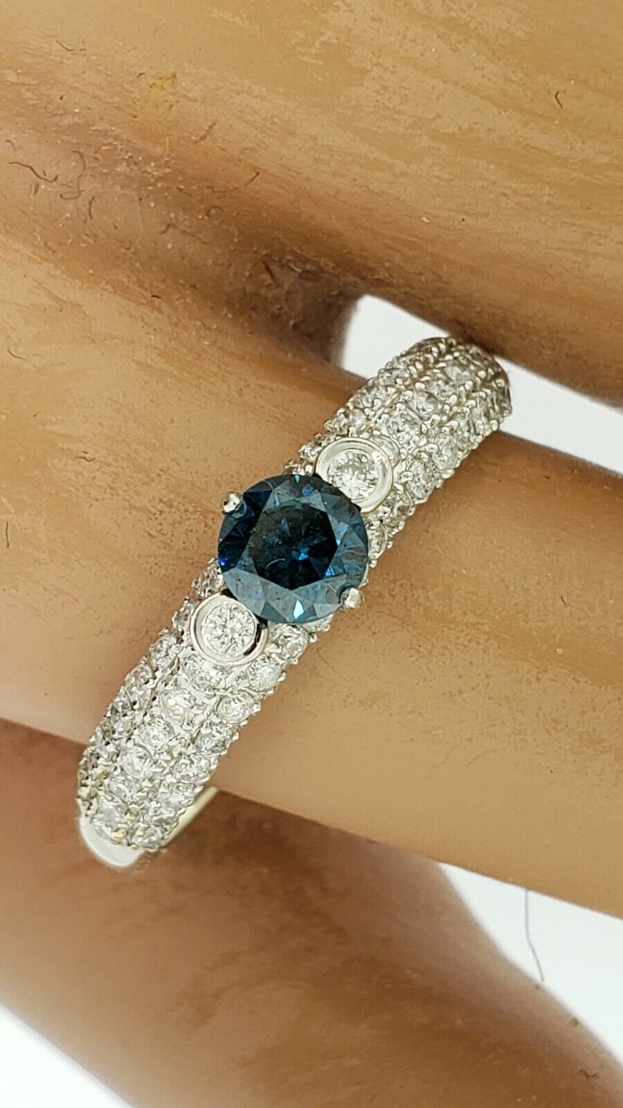 18K White Gold .45C Blue Diamond & .68CTW Diamond Sides Ring Size 11
