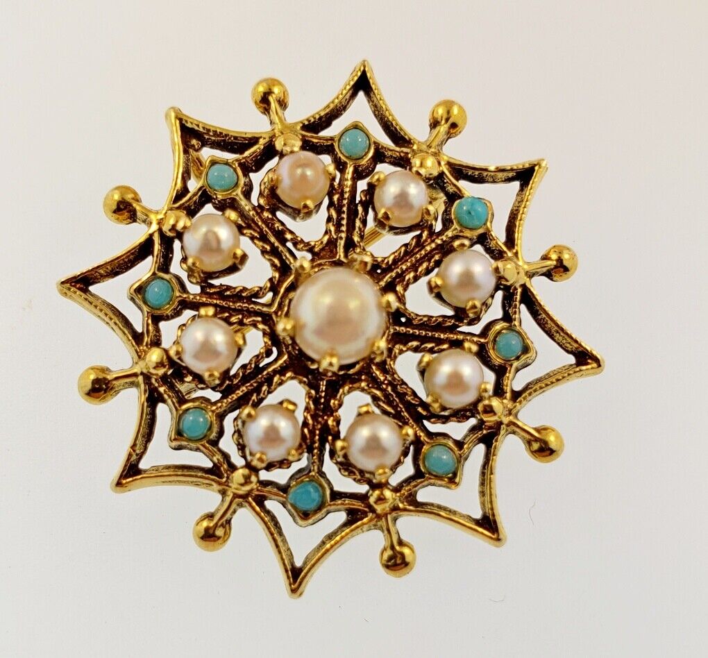 Vintage 14k Yellow Gold Round Turquoise & Pearl Open Work Brooch Pin Pendant