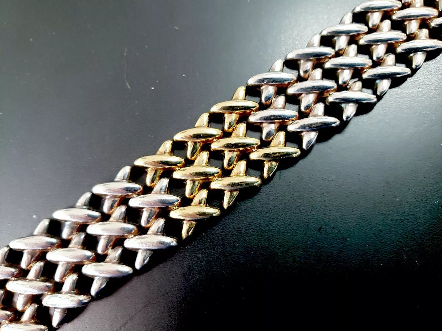 Vintage 14k Gold, 925 Sterling Silver X Link Mesh Bracelet 31.1g Italy 7"