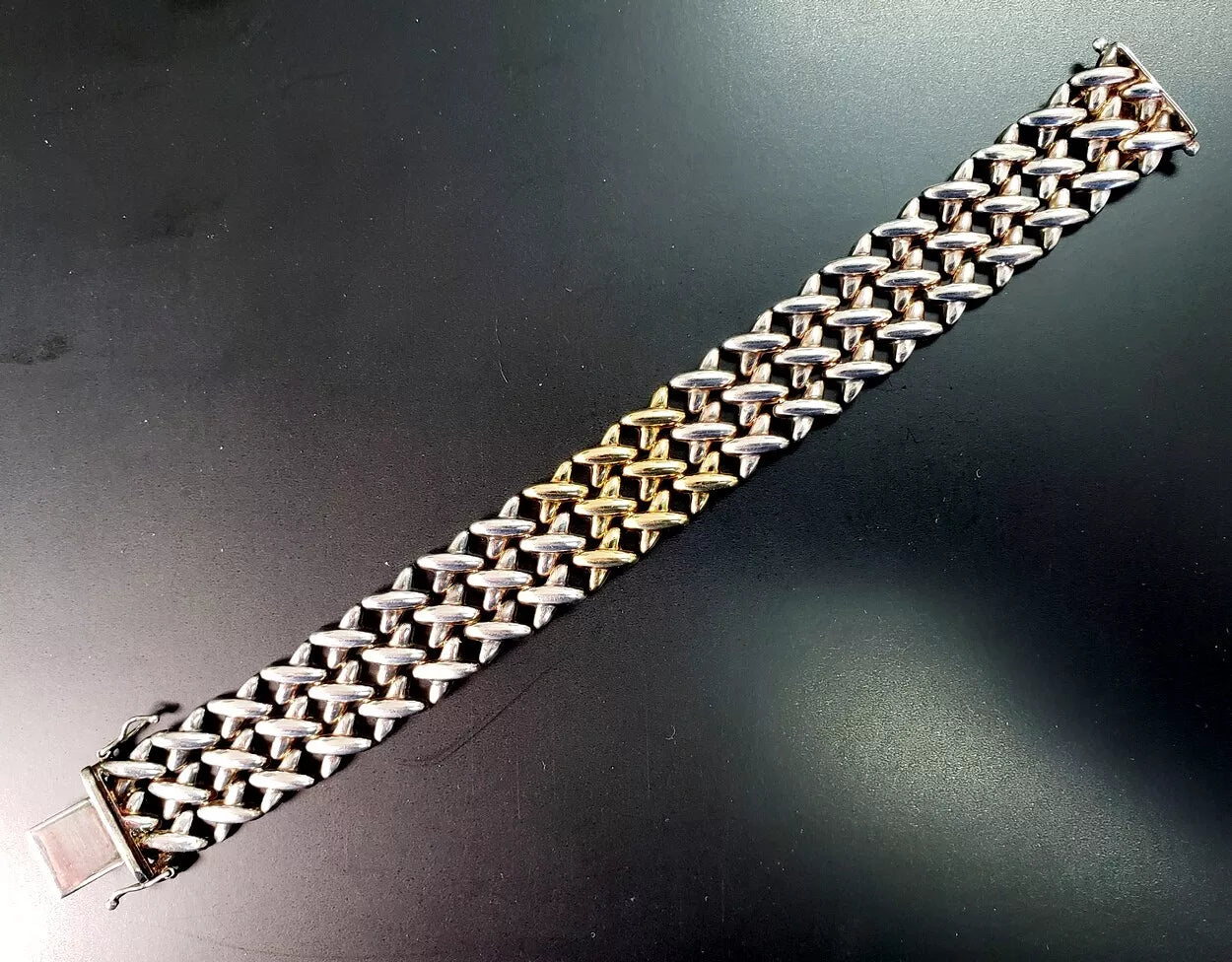 Vintage 14k Gold, 925 Sterling Silver X Link Mesh Bracelet 31.1g Italy 7"