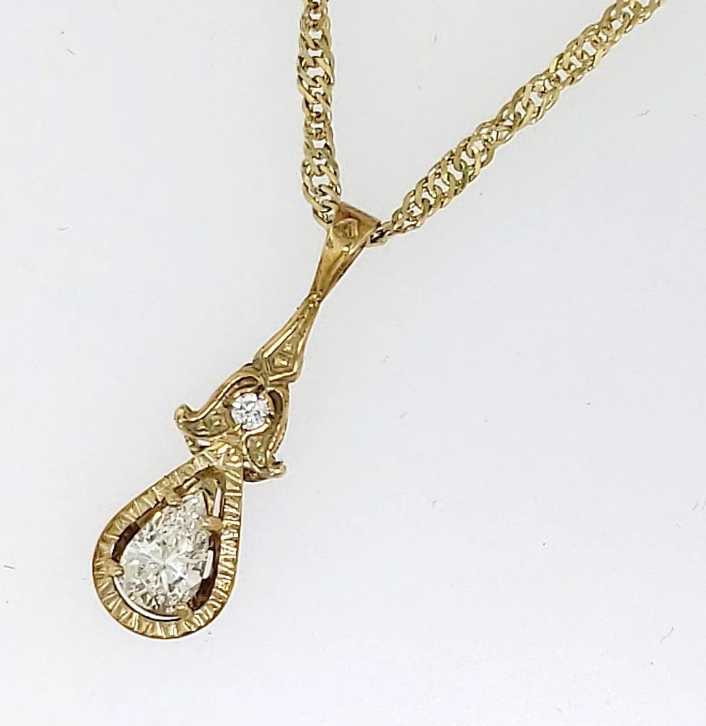 vintage 14k yellow gold pear natural VS diamond pendant ~.65ctw 19.5" chain