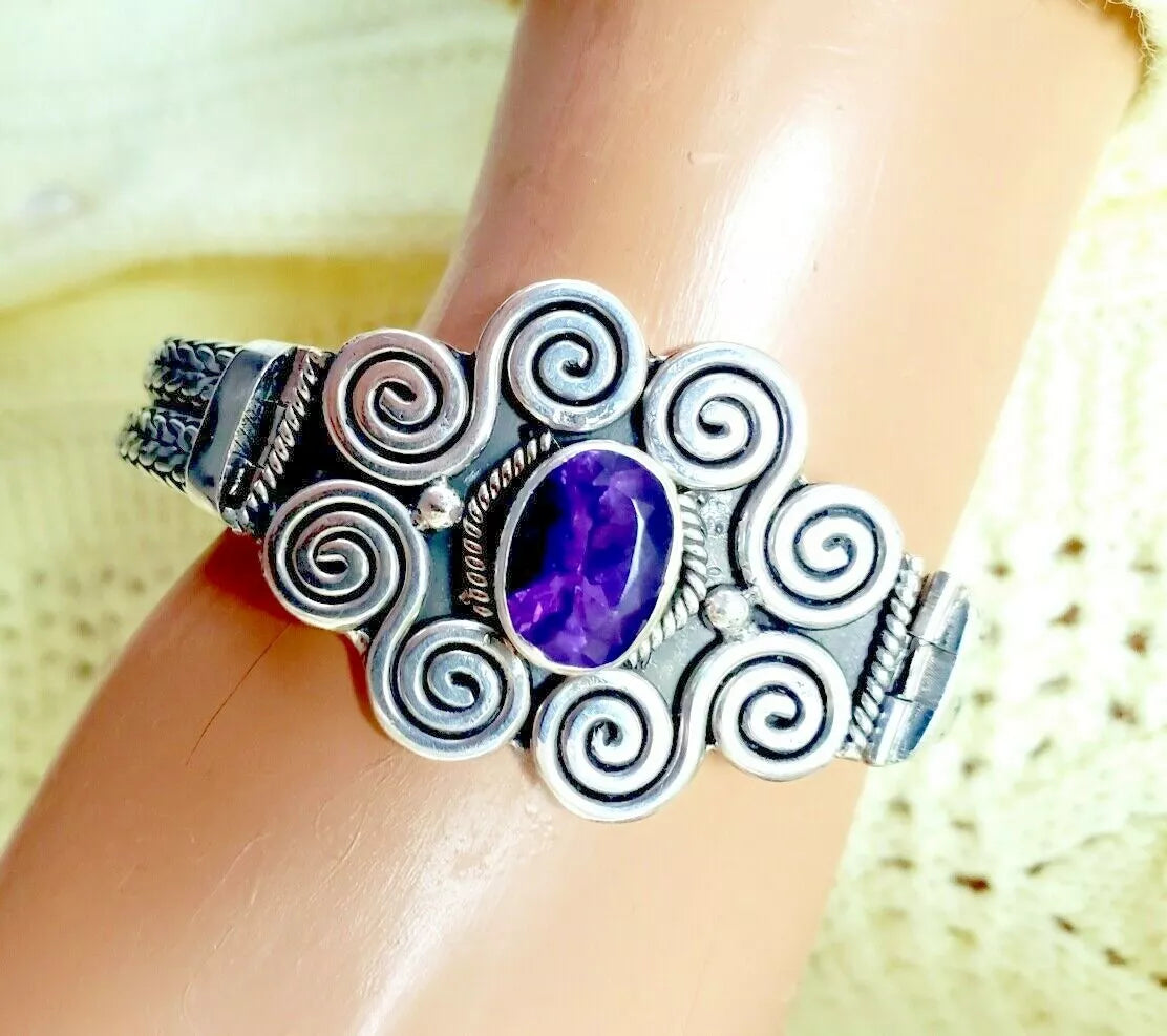 Sterling Silver 67.0 Gram ~4.00 carats Amethyst Quartz Bracelet 8" Hand Made