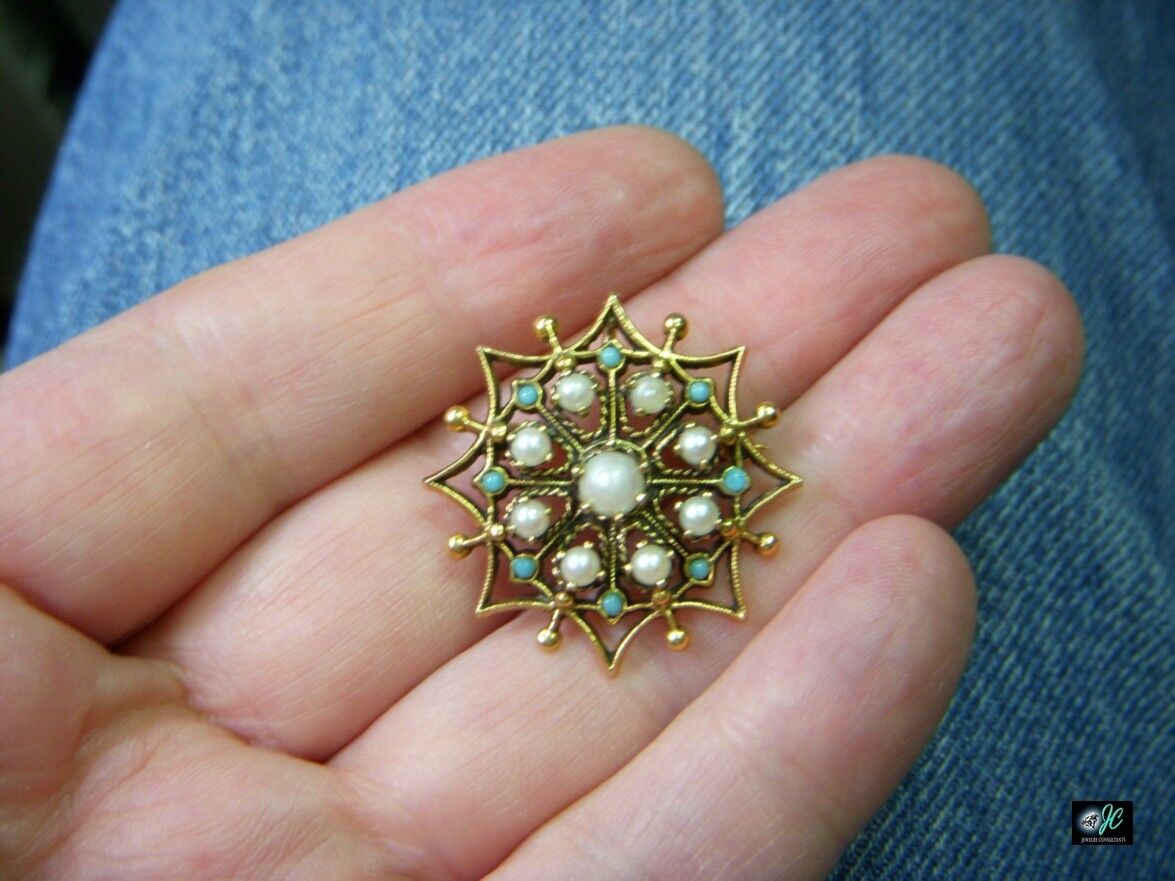 Vintage 14k Yellow Gold Round Turquoise & Pearl Open Work Brooch Pin Pendant