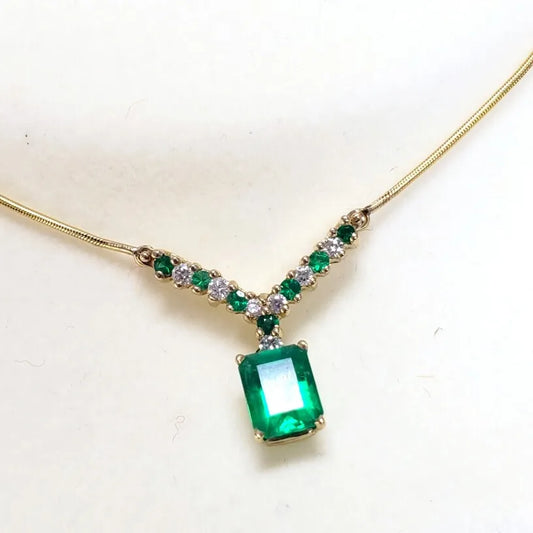 Vintage ~2.0 carats Emerald and Diamond 14K YELLOW GOLD PENDANT NECKLACE Italy