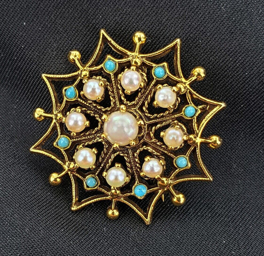 Vintage 14k Yellow Gold Round Turquoise & Pearl Open Work Brooch Pin Pendant