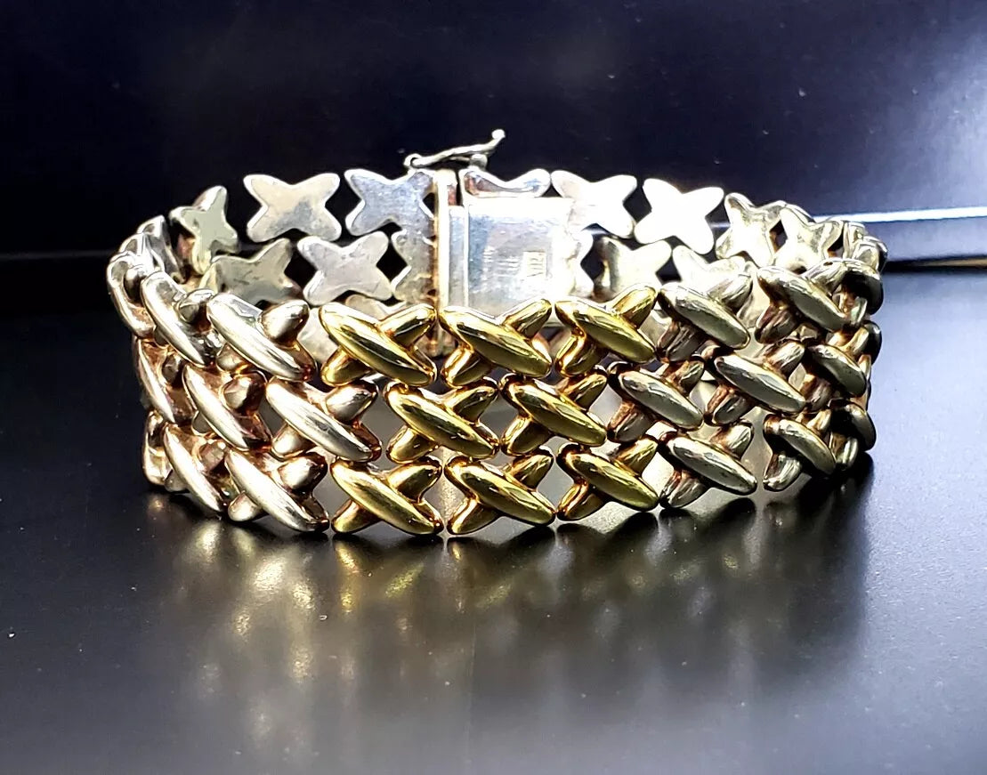 Vintage 14k Gold, 925 Sterling Silver X Link Mesh Bracelet 31.1g Italy 7"